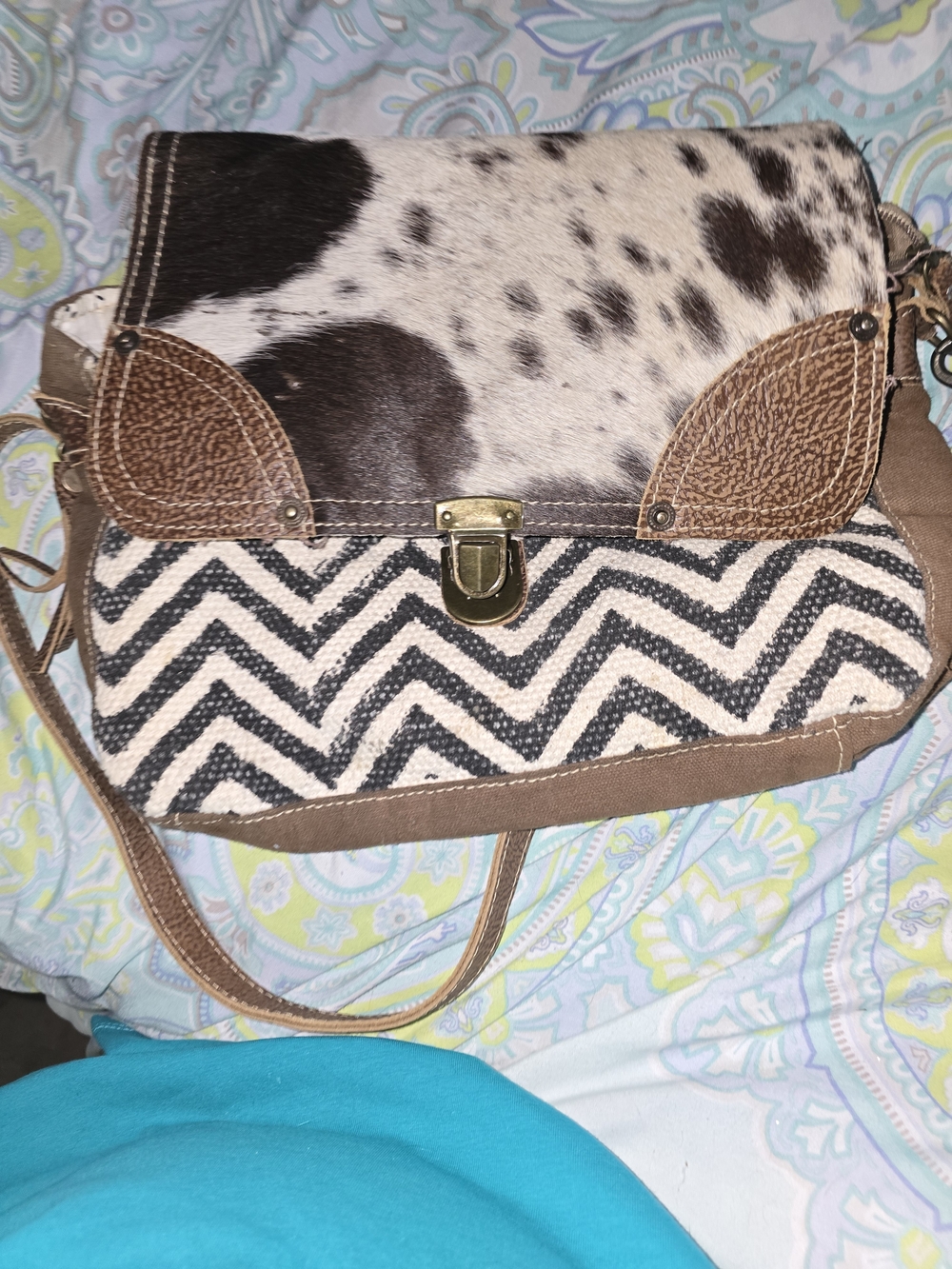 Myra Bag Brown Black White Cowhide Chevron Crossbody